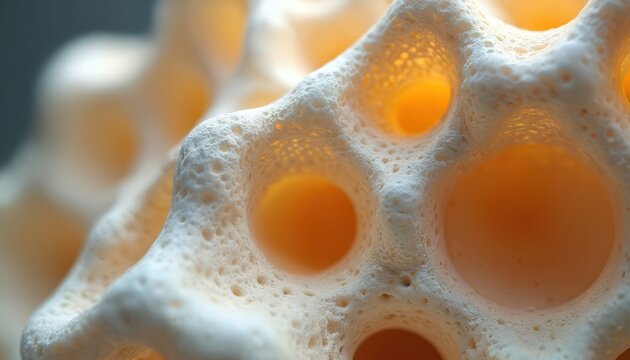 Macro closeup of porous bone structure with visible marrow cavities. Shows internal matrix network, cellular composition, and calcium mineral deposits forming bone architecture.