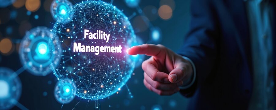Man in suit touches glowing digital sphere showing Facility Management text. Futuristic interface displays interconnected nodes and human icons. Technology for operations optimization. - Powered by Adobe