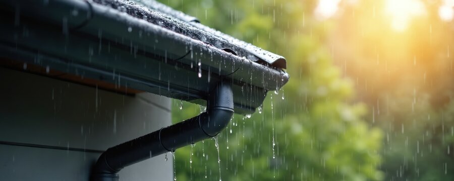 Rain water flows from roof gutter, black downpipe. House drainage system protects building from water damage. Metal guttering on modern home exterior during rainy weather provides effective