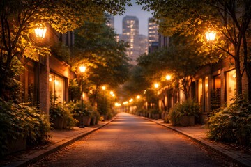 Cozy Urban Street at Night with Warm Streetlights