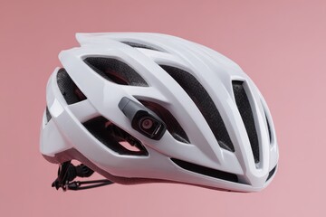 Close up of white bicycle helmet with integrated rear camera on pink background perfect for sports equipment branding, urban cycling lifestyle marketing and smart safety product photography