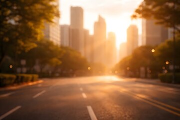 Empty City Road at Sunrise with Urban Skyline