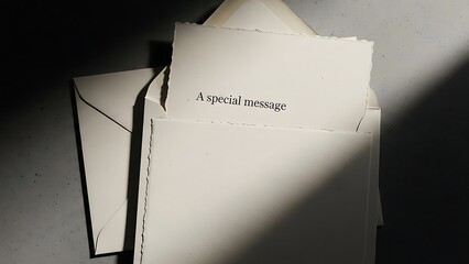 Envelope with special message on white paper in sunlight on gray background