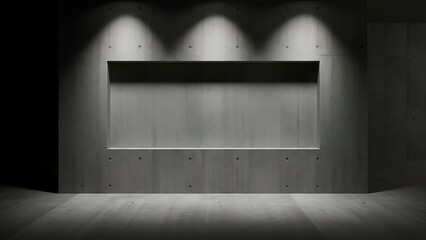 Empty concrete wall with shelf and spotlights in a dark room