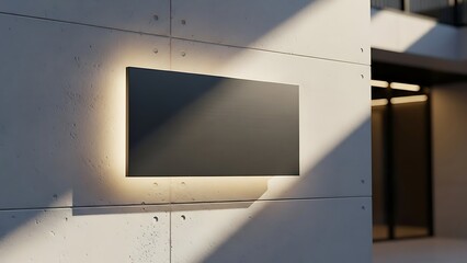 A blank sign on a white wall with shadows from an adjacent room