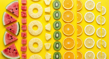 Sliced summer fruits knolling on yellow background
