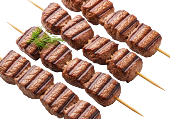Multiple grilled beef/lamb shish kebabs on wooden skewers, rich brown, char marks, glistening, one with fresh dill, on a transparent studio background, appetite appeal for gourmet food