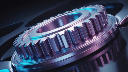 Shiny metallic gear with blue and purple hues in modern machinery
