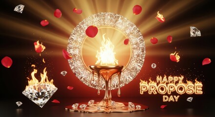 Fototapeta premium Happy Propose Day Diamond Ring and Rose Petals Celebration