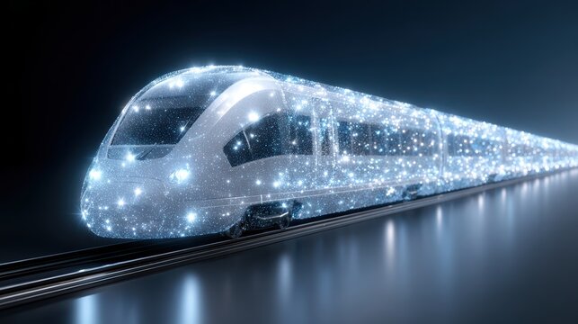 A Futuristic High-Speed Train: A sleek, modern high-speed train, gleaming with technological innovation, gracefully glides along its tracks, illuminating the path toward the future.