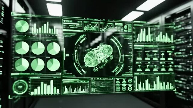 A futuristic computer-generated room with a large screen displaying various green graphs and charts