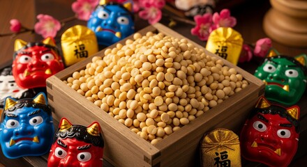 日本の伝統行事「節分」：邪気を払い福を呼び込む大豆と、赤鬼のお面