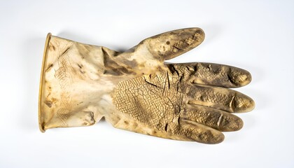Obraz premium Dirty weathered rubber glove lying on a plain white surface