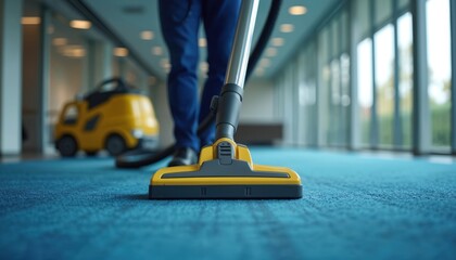 Person vacuums blue carpet in modern office hallway. Worker cleans commercial floor with pro yellow vacuum cleaner. Janitor provides office cleaning service in large building corridor, performing