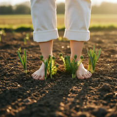 Woman barefoot in field with plants sprouting from soil, symbolizing connection to nature and new growth for Earth Day.