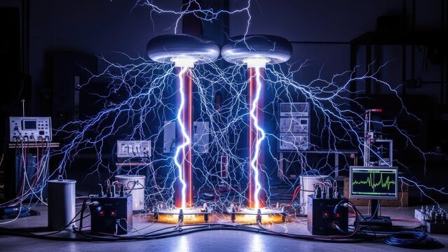 Two tesla coils firing, creating electrical arcs in a lab setting