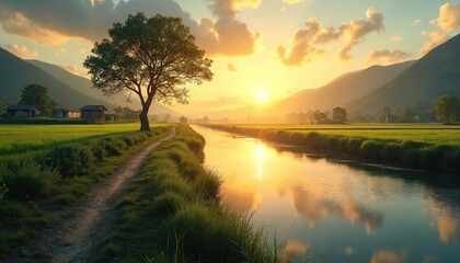 Golden sunrise shines over village. River flows through green rice field. Houses locate near mountains. Road runs near river. Rural area shows nature peace. Calmness, simplicity are observed at dawn.