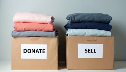 Two boxes with clothes stack ready for donation and sale. Recycle concept. Wardrobe audit, minimalism lifestyle. Second hand apparel reuse. Eco conscious consumerism choice. Charity and resale trends.