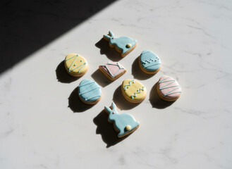 Easter cookies with pastel icing on light marble table. Bunny and egg shaped biscuit for Easter celebration, spring holiday.