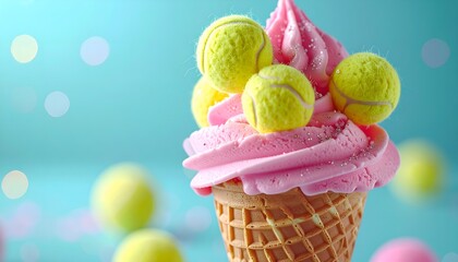 Surreal food concept featuring pastel pink ice cream topped with neon yellow sports balls in a glittered waffle cone. Playful, creative visual blending dessert, sport, and modern pop art style.