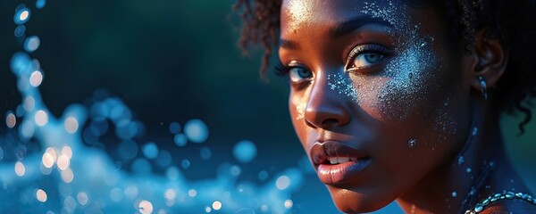 Photo of a beautiful black woman with glowing skin and blue eyes in a dreamy artistic shot. Sparkling water droplets add radiance around the face and makeup.