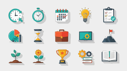 Collection of business and success related icons in flat design.