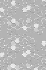 Geometric grey hexagons connect through small white nodes creating an abstract pattern