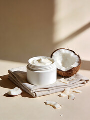 Natural Coconut Skincare Product Face Cream on Minimal Beige Background