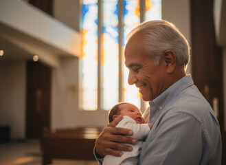 Grandfather embracing newborn baby in church. Happy man tenderly holding infant. Baptism, christening, family bonds, generational love concept.