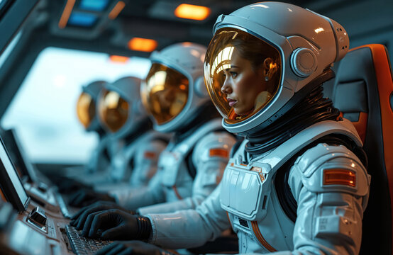 Astronauts team inside spaceship prepare for space mission. Pilots wearing helmets work with computer. Future sci-fi concept about space exploration. Modern cosmic tech inside the shuttle.