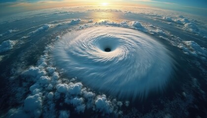 Massive hurricane swirls over deep blue ocean, seen from high above. Powerful tropical cyclone forms clear central eye. Natural disaster shows extreme weather event. Climate change impact on Earth