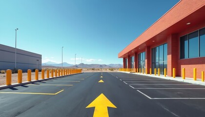 Empty parking lot with yellow bollards next to modern industrial buildings under a clear blue desert sky. Arrow painted on asphalt shows direction for cars. Mountains in distant background.