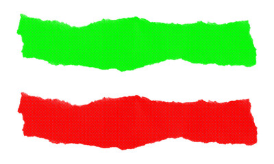 Two colorful ripped paper banners in bright green and intense red shades with halftone dot effect isolated
