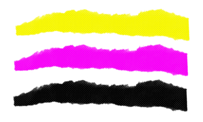 Colorful torn paper strips in yellow magenta and black colors for creative composition and layout design with vintage halftone dot patterns