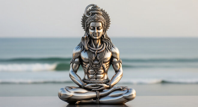 A serene statue of Lord Shiva in a meditative pose by the water, ideal for concepts of spirituality and Maha Shivaratri