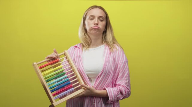 Blonde woman holding wooden abacus, tilting head and pouting lips while showing math confusion in studio; study frustration.
