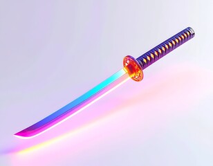A glowing, futuristic katana on a gradient background, neon lighting