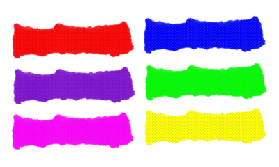 Bundle of six brightly colored torn paper pieces featuring halftone patterns isolated on transparent background graphic element
