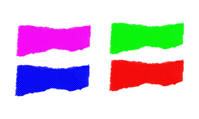 Set of four vivid torn paper pieces with halftone dot patterns isolated on transparent background for creative designs