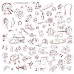 Sports. Set of sports equipment. Hand Drawn Doodles Vector illustration.