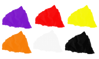 Six torn paper fragments purple red yellow orange white and black with dotted texture on checkered background