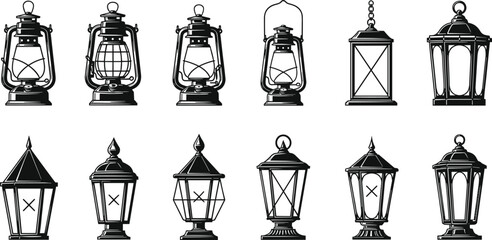 Collection of vintage oil lanterns and classic outdoor lamp silhouettes featuring antique lighting designs, retro kerosene lamps, decorative lantern illustrations © Love999