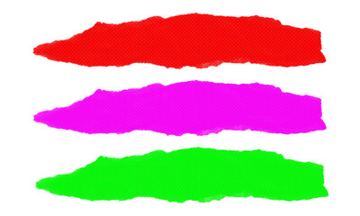 Obraz premium Set of three colorful torn paper strips vector with halftone effect isolated on transparent background red magenta green colors