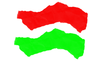 Red and green ripped paper pieces abstract background two bright color elements textured halftone dot pattern effect overlay transparent backdrop