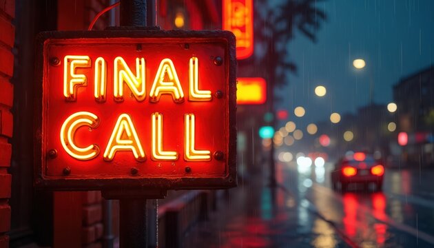 Neon sign illuminates rainy urban night street with cars. Sign reads Final Call in bright red light. Cityscape glows with lights blurring in rain reflecting on wet road.