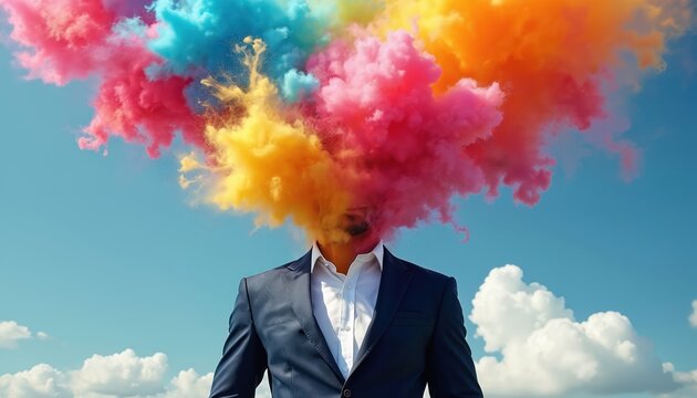 Man in suit with colourful clouds exploding from head, against blue sky. Creative mind concept reflects imagination, ideas, dreams. Metaphor for inspiration, expression, psychology, abstract thought,