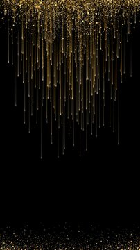Golden sparkling glitter rain on black background with cascading light strands luxury festive shimmer bokeh for christmas and new year celebration banner elegant seamless loop animation backdrop