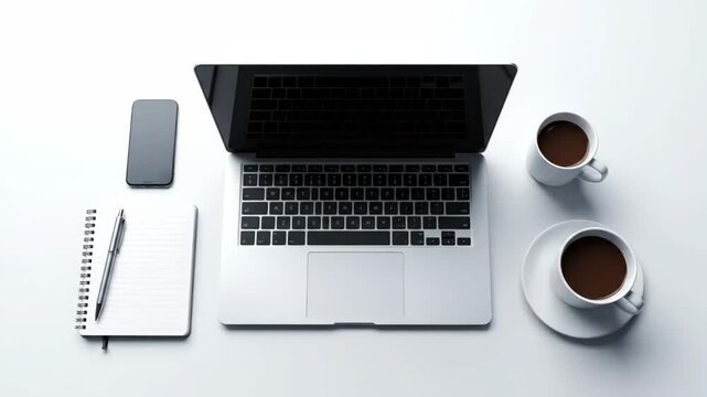 Overhead shot of a contemporary work desk featuring a laptop, coffee, and multiple smartphones.