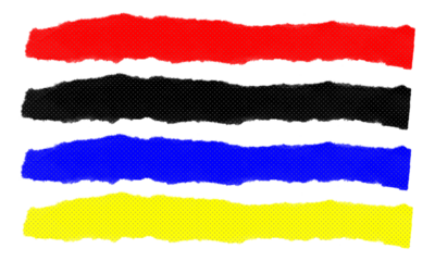 Four colorful horizontal torn paper strips vector set with halftone texture isolated on transparent background red black blue yellow