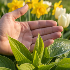 Woman hand caring for green plant with water drops. Growth concept for nature, environment protection, and Spring garden.